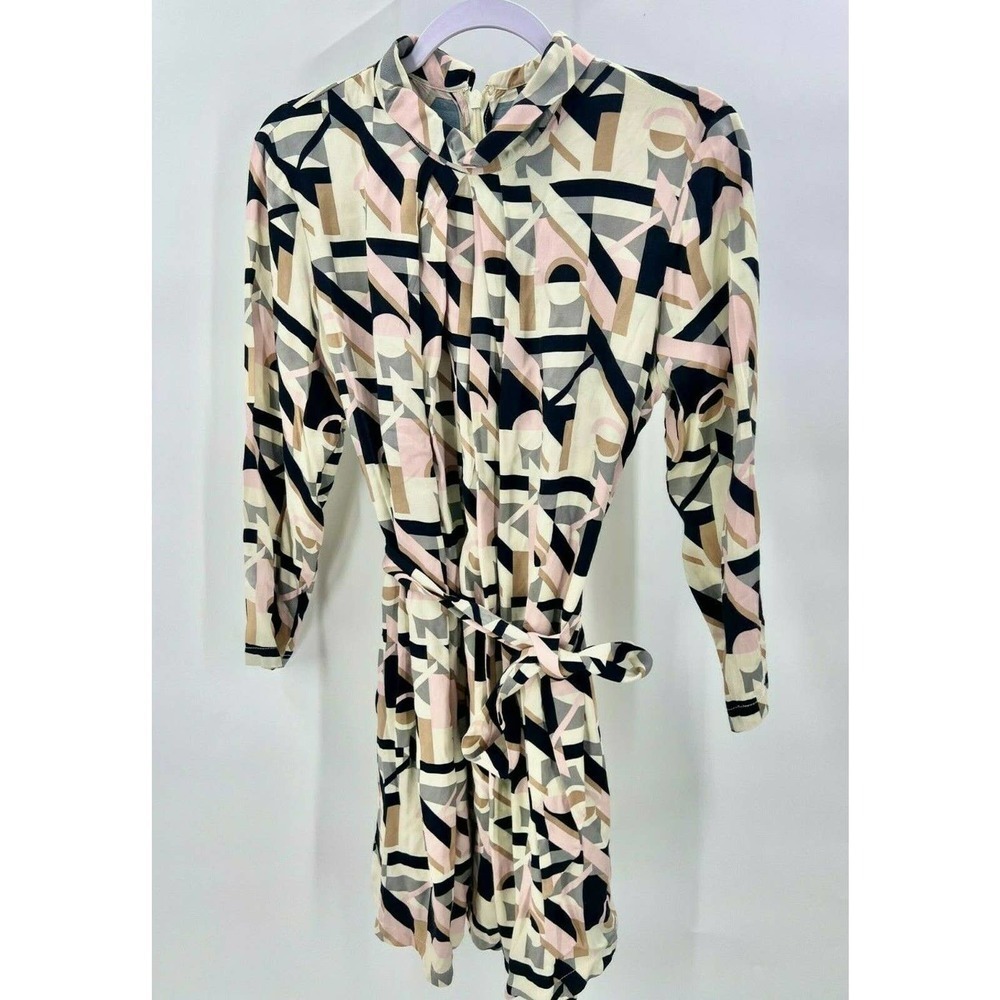 Topshop Womens Size 8 Geometric Print Multicolor Dress 3/4 Sleeve Tie at Waist